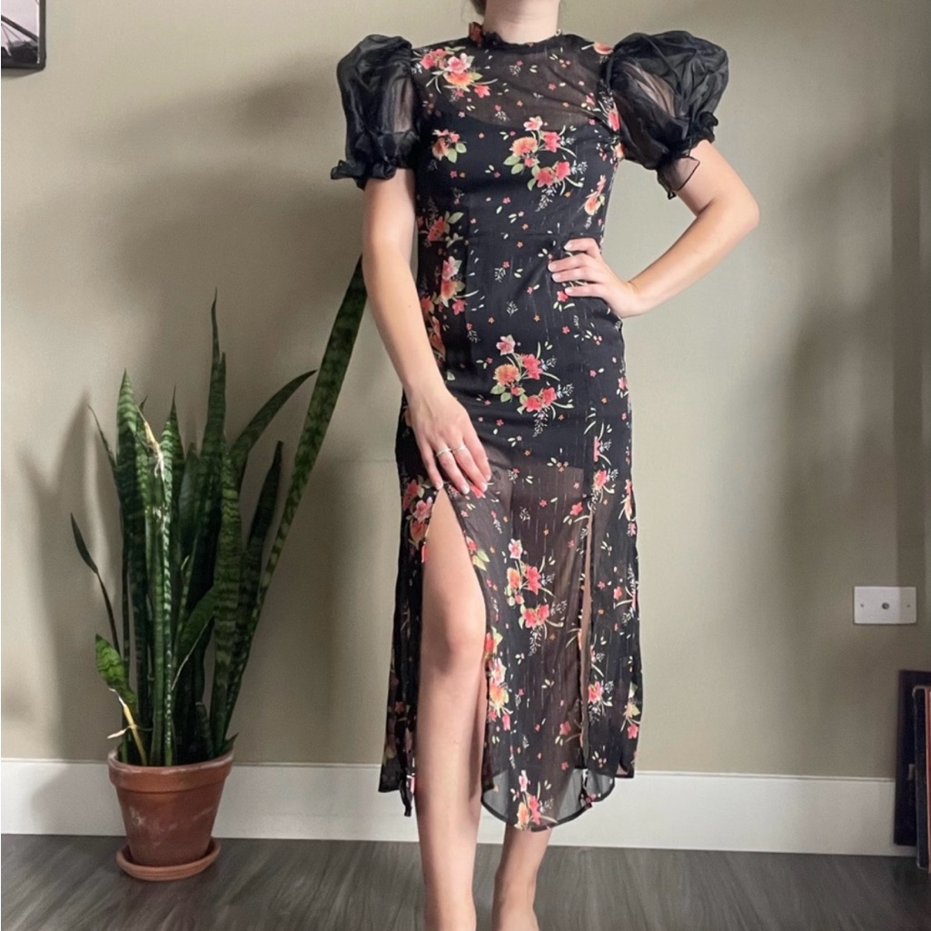 Topshop Organza Puff/Ballon Short Sleeve Floral Sheer Dress, Size 2